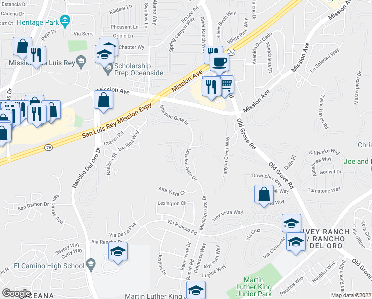 map of restaurants, bars, coffee shops, grocery stores, and more near 174 Mission Gate Drive in Oceanside