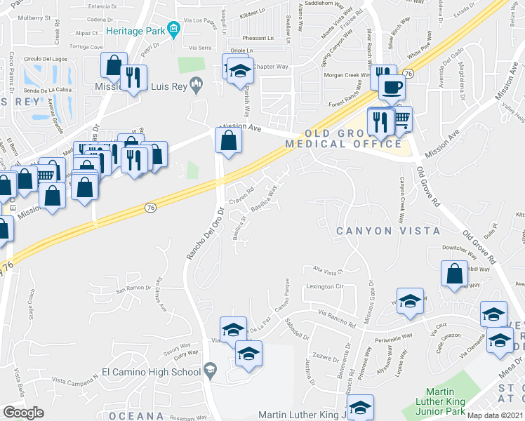 map of restaurants, bars, coffee shops, grocery stores, and more near 172 Elise Way in Oceanside