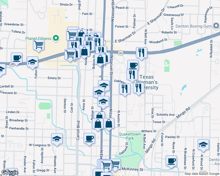 map of restaurants, bars, coffee shops, grocery stores, and more near 1415 North Locust Street in Denton