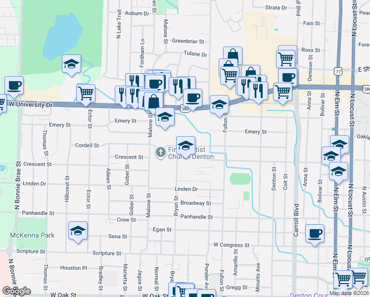 map of restaurants, bars, coffee shops, grocery stores, and more near 1213 Cordell Street in Denton