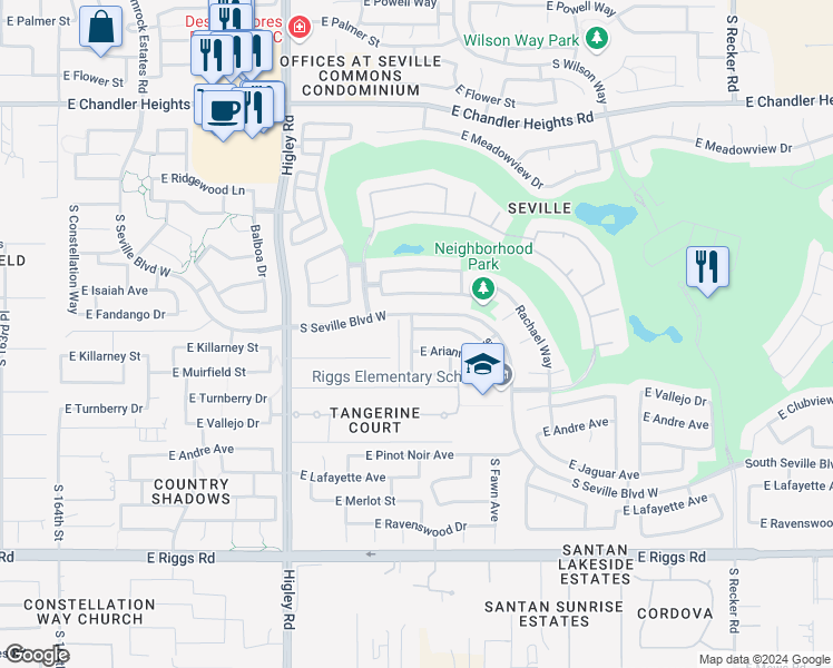 map of restaurants, bars, coffee shops, grocery stores, and more near 3435 East Riopelle Avenue in Gilbert
