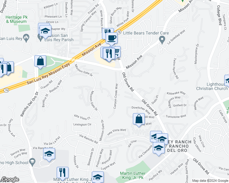 map of restaurants, bars, coffee shops, grocery stores, and more near 165 Canyon Creek Way in Oceanside