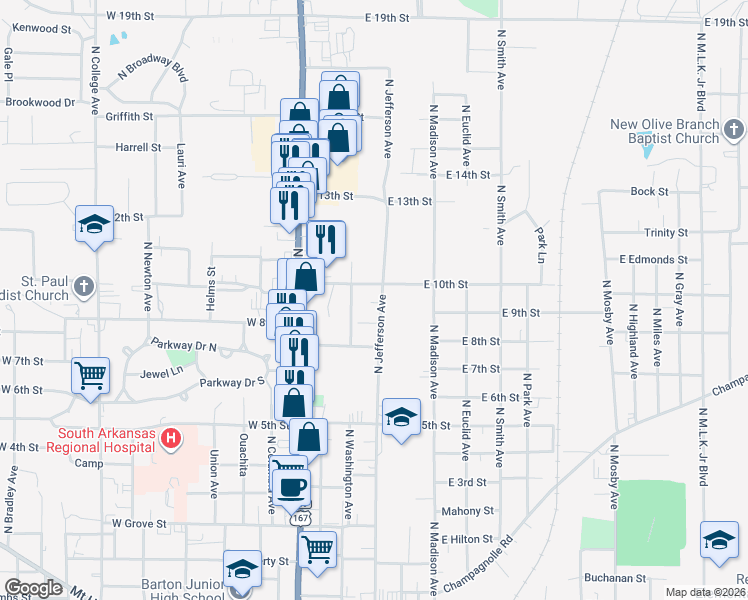 map of restaurants, bars, coffee shops, grocery stores, and more near 1520 North Jefferson Avenue in El Dorado