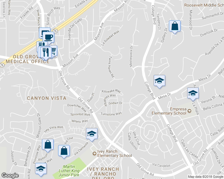 map of restaurants, bars, coffee shops, grocery stores, and more near 4497 Kittiwake Way in Oceanside
