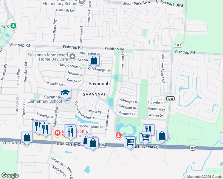 map of restaurants, bars, coffee shops, grocery stores, and more near 1207 Sea Pines Drive in Denton County