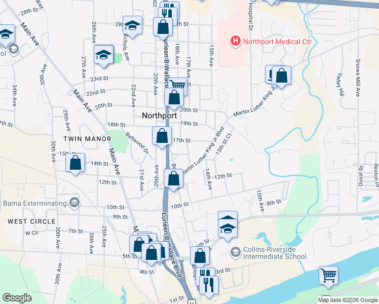 map of restaurants, bars, coffee shops, grocery stores, and more near 1603 17th Avenue in Northport
