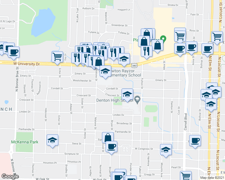 map of restaurants, bars, coffee shops, grocery stores, and more near 1233 Cordell Street in Denton