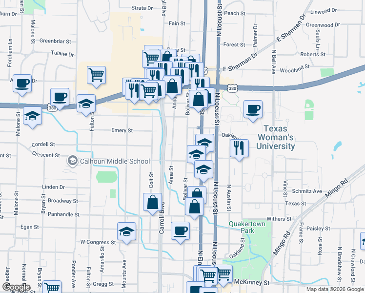 map of restaurants, bars, coffee shops, grocery stores, and more near 1411 Bolivar St in Denton