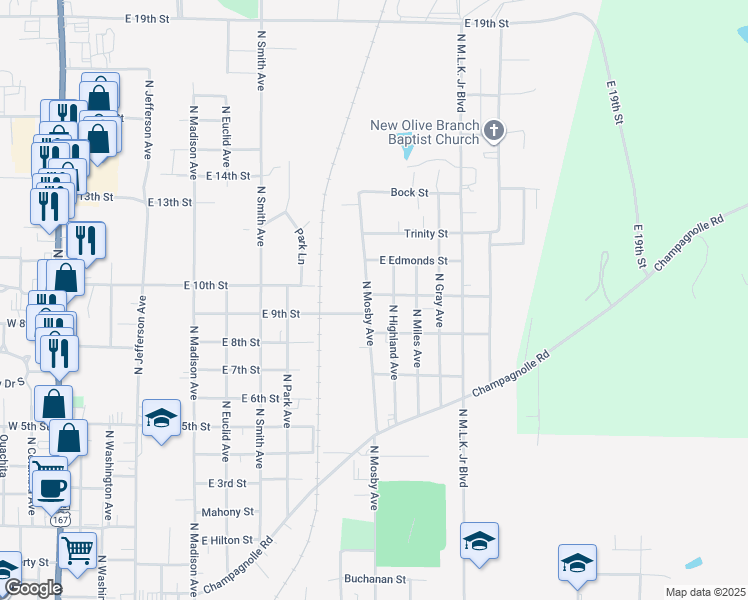 map of restaurants, bars, coffee shops, grocery stores, and more near 1315 North Mosby Avenue in El Dorado