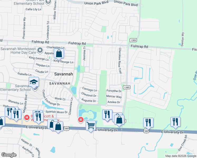 map of restaurants, bars, coffee shops, grocery stores, and more near 1400 Cobblestone Court in Denton County