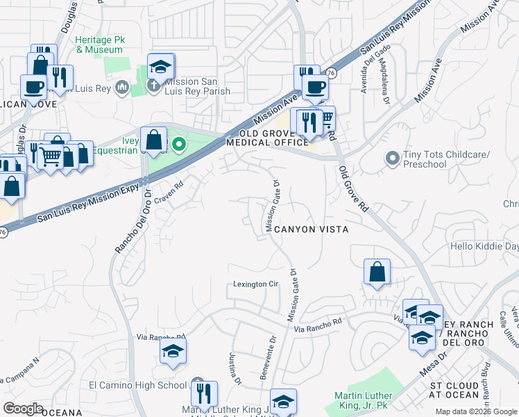 map of restaurants, bars, coffee shops, grocery stores, and more near 735 Buena Tierra Way in Oceanside