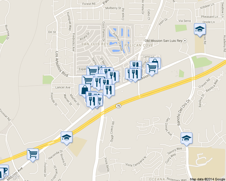map of restaurants, bars, coffee shops, grocery stores, and more near 3895 Mission Ave in Oceanside