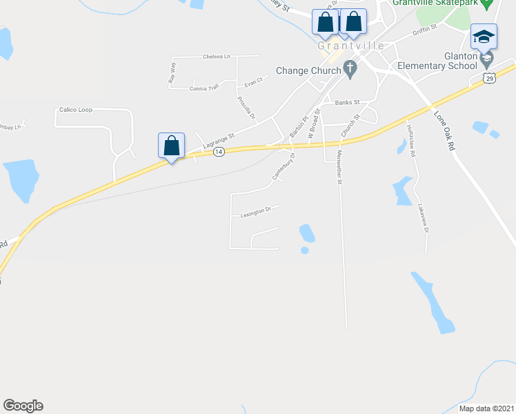 map of restaurants, bars, coffee shops, grocery stores, and more near 12 Lexington Drive in Grantville