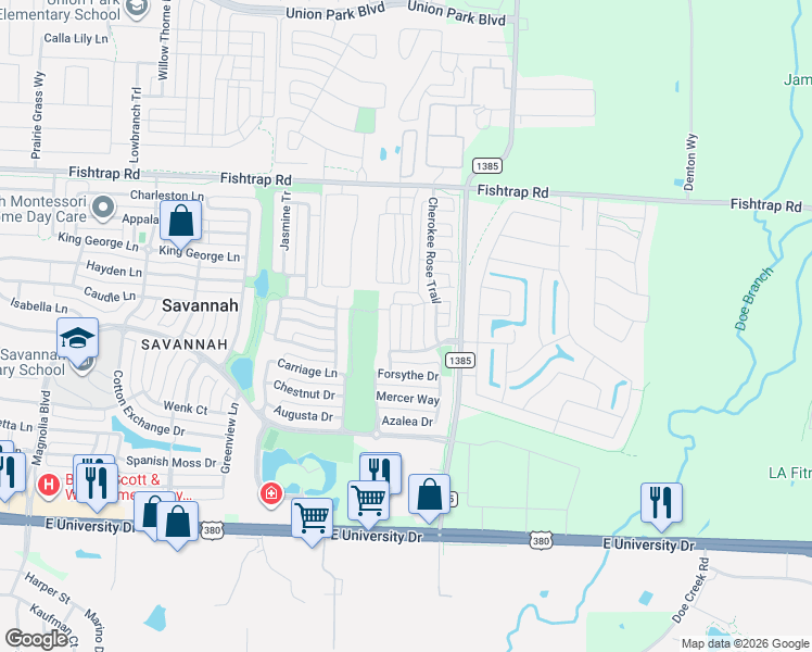 map of restaurants, bars, coffee shops, grocery stores, and more near 1400 Stone Mountain Parkway in Denton County