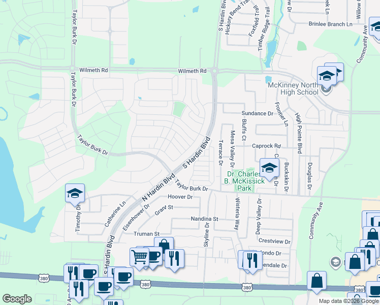 map of restaurants, bars, coffee shops, grocery stores, and more near 2716 Andorra Road in McKinney