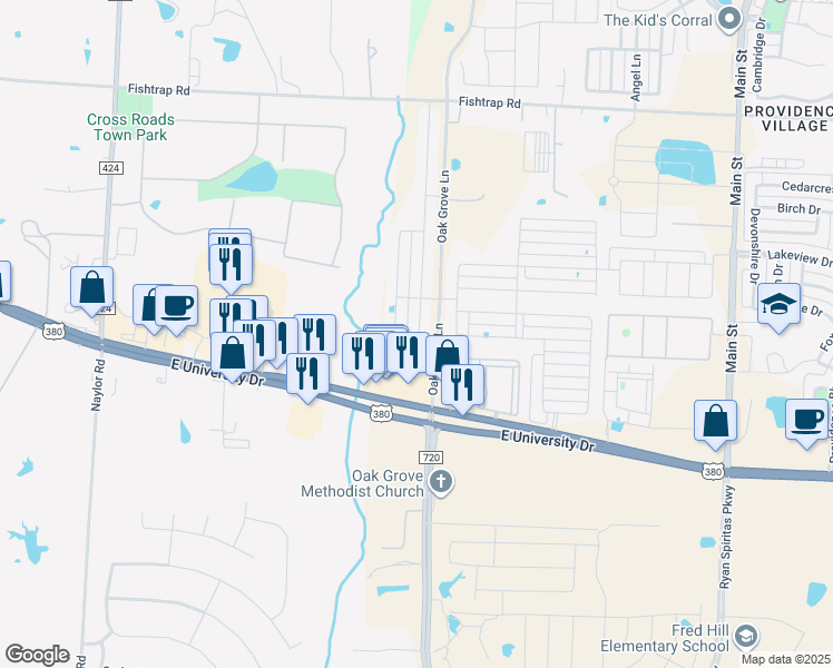 map of restaurants, bars, coffee shops, grocery stores, and more near 1245 Dravite Drive in Aubrey