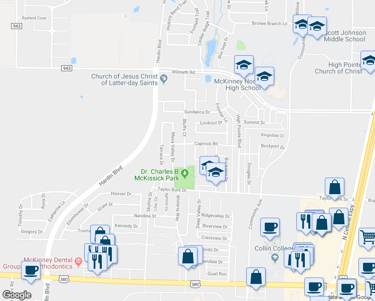 map of restaurants, bars, coffee shops, grocery stores, and more near 2708 Bluffs Court in McKinney