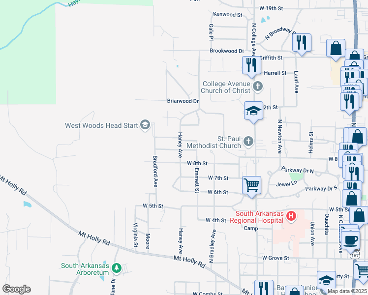 map of restaurants, bars, coffee shops, grocery stores, and more near 1214 Coy Dumas Street in El Dorado