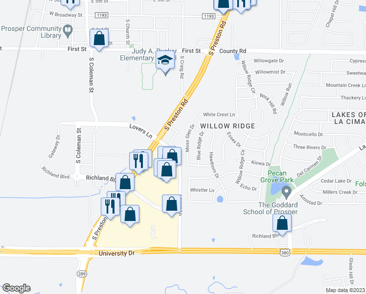map of restaurants, bars, coffee shops, grocery stores, and more near 830 Moss Glen Drive in Prosper