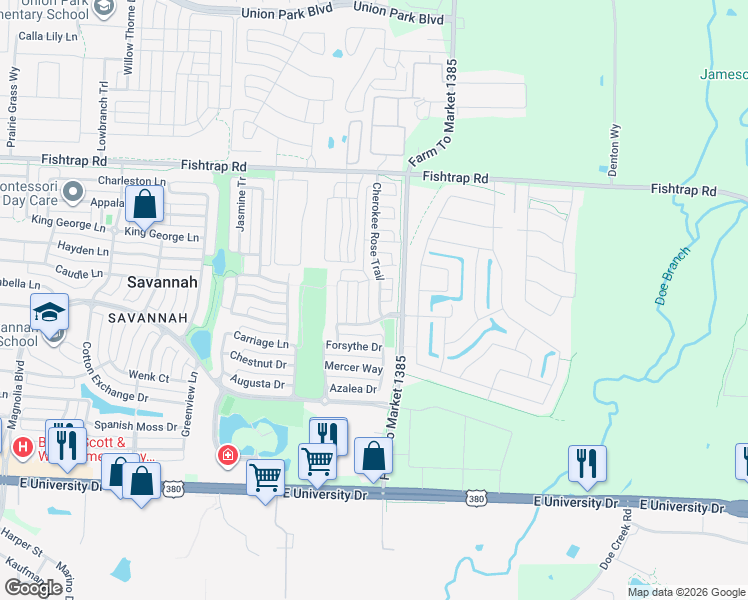 map of restaurants, bars, coffee shops, grocery stores, and more near 1321 Cherokee Rose Trail in Denton County