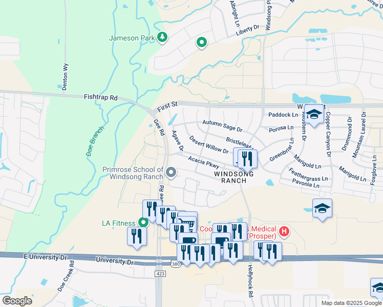 map of restaurants, bars, coffee shops, grocery stores, and more near 4620 Acacia Parkway in Prosper