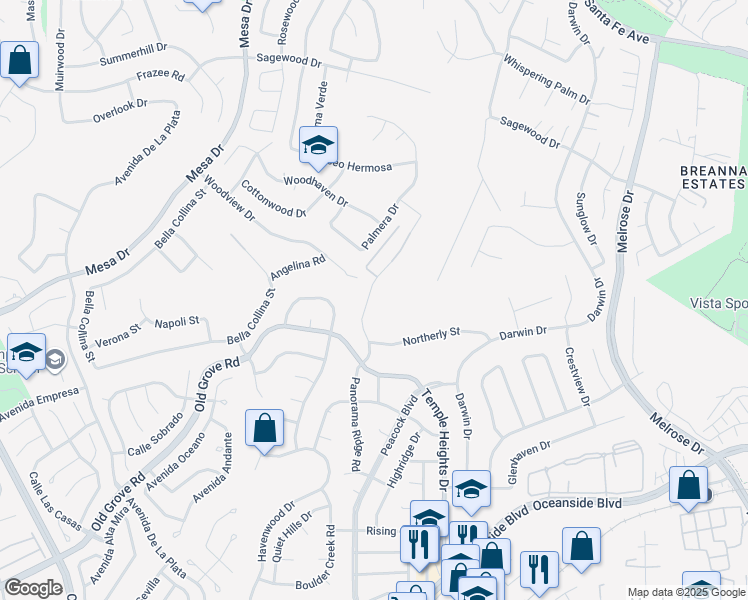 map of restaurants, bars, coffee shops, grocery stores, and more near 1342 Panorama Ridge Road in Oceanside