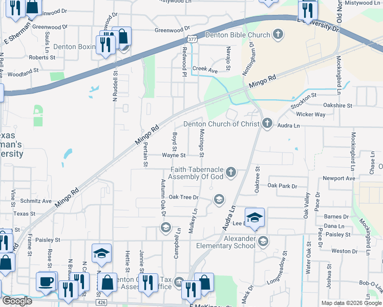 map of restaurants, bars, coffee shops, grocery stores, and more near 1803 Wayne Street in Denton