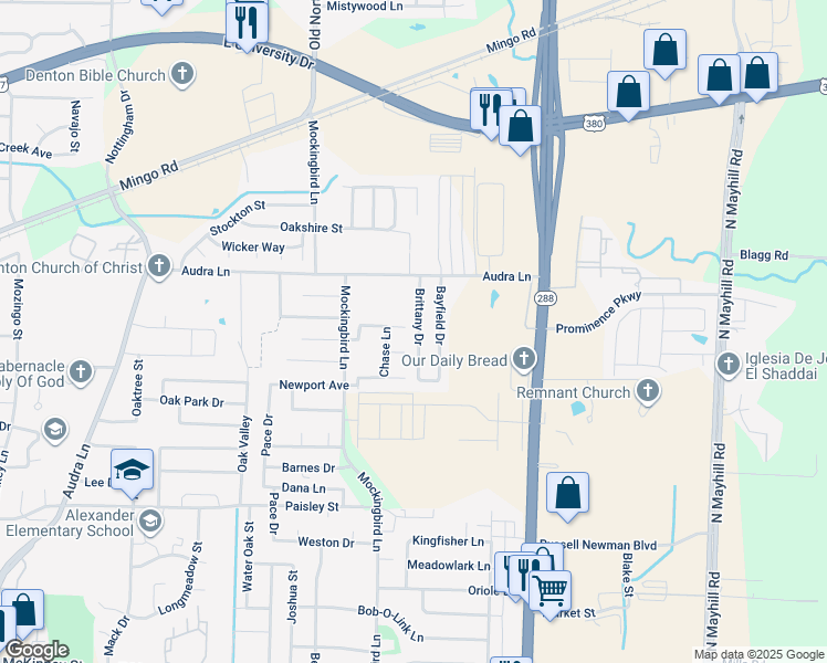 map of restaurants, bars, coffee shops, grocery stores, and more near 1015 Brittany Dr in Denton