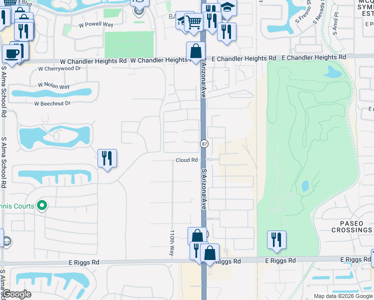 map of restaurants, bars, coffee shops, grocery stores, and more near 160 West Birchwood Place in Chandler