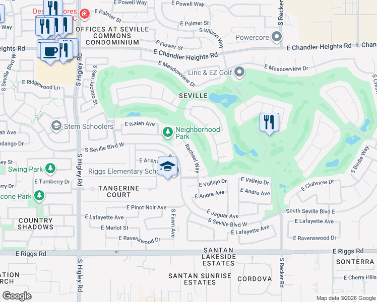 map of restaurants, bars, coffee shops, grocery stores, and more near 6808 Rachael Way in Gilbert