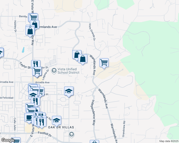 map of restaurants, bars, coffee shops, grocery stores, and more near 1848 Warmlands Avenue in Vista