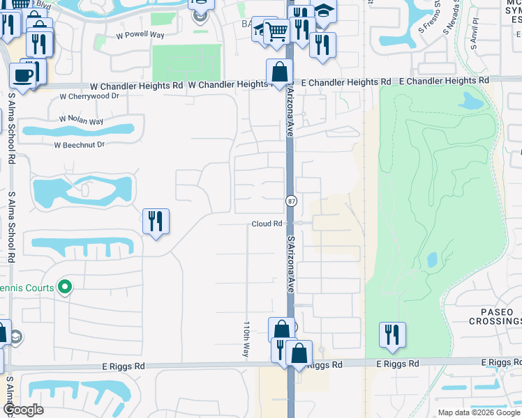 map of restaurants, bars, coffee shops, grocery stores, and more near 160 West Birchwood Place in Chandler