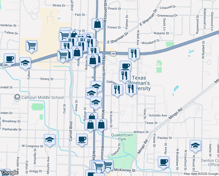 map of restaurants, bars, coffee shops, grocery stores, and more near 1409 North Austin Street in Denton
