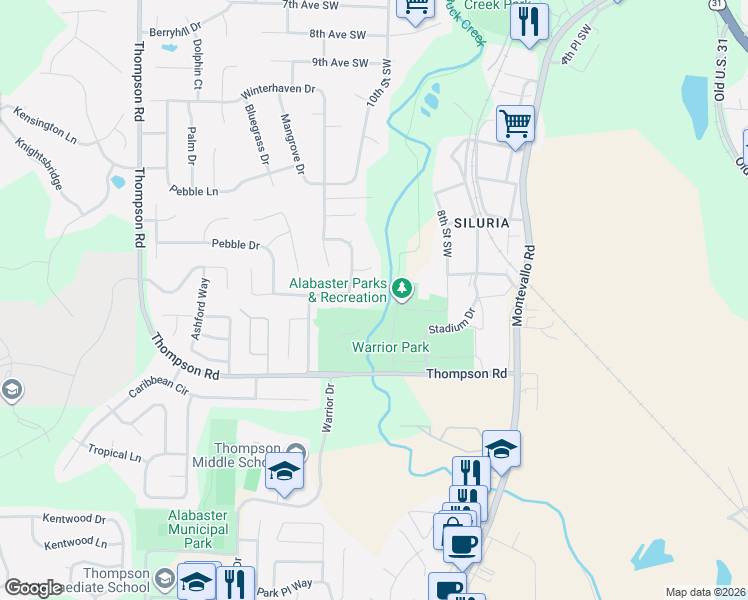 map of restaurants, bars, coffee shops, grocery stores, and more near 100 Depot Street in Alabaster