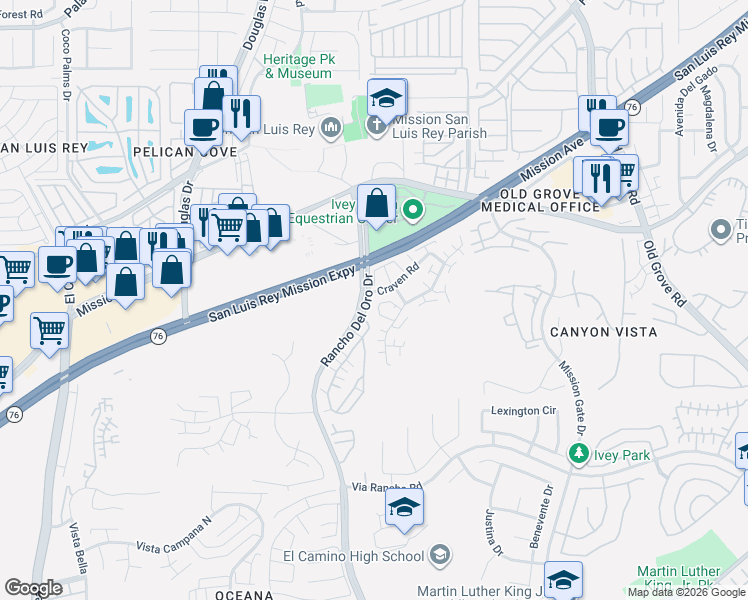 map of restaurants, bars, coffee shops, grocery stores, and more near 225 Melinda Way in Oceanside