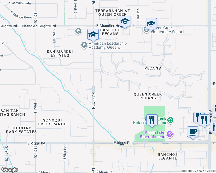 map of restaurants, bars, coffee shops, grocery stores, and more near 20085 East Melissa Place in Queen Creek