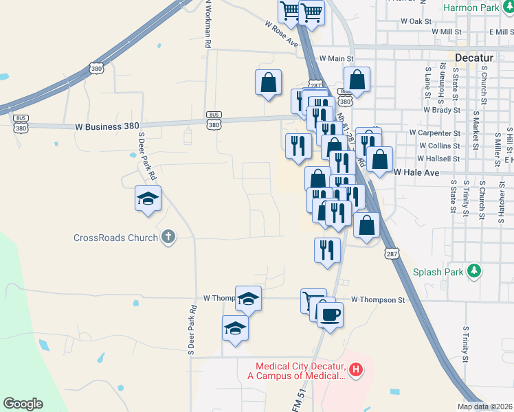 map of restaurants, bars, coffee shops, grocery stores, and more near 800 U.S. 81 Business in Decatur