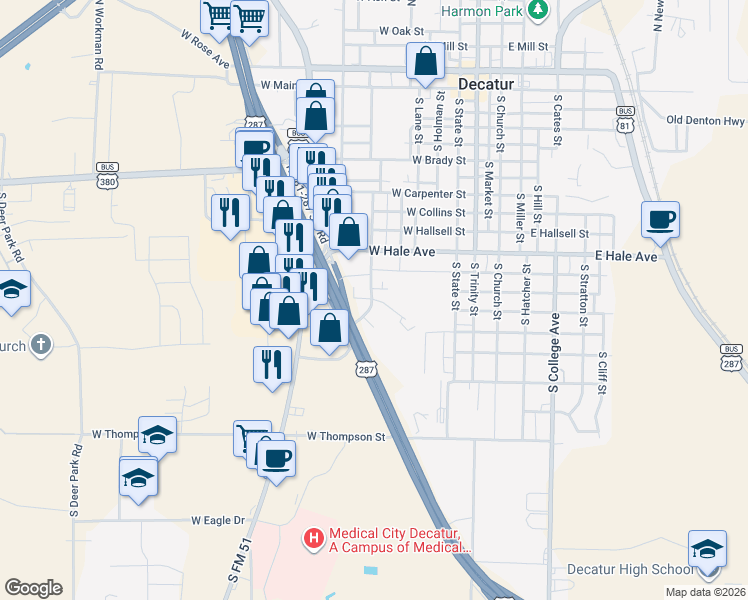 map of restaurants, bars, coffee shops, grocery stores, and more near 1054-1110 South Trenchard Street in Decatur