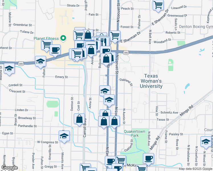 map of restaurants, bars, coffee shops, grocery stores, and more near 1415 North Elm Street in Denton