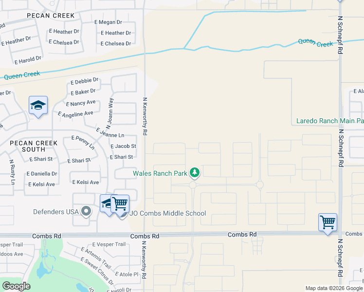map of restaurants, bars, coffee shops, grocery stores, and more near 38286 North Kenworthy Road in San Tan Valley