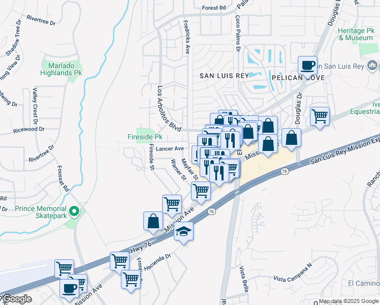 map of restaurants, bars, coffee shops, grocery stores, and more near 201 Los Arbolitos Boulevard in Oceanside