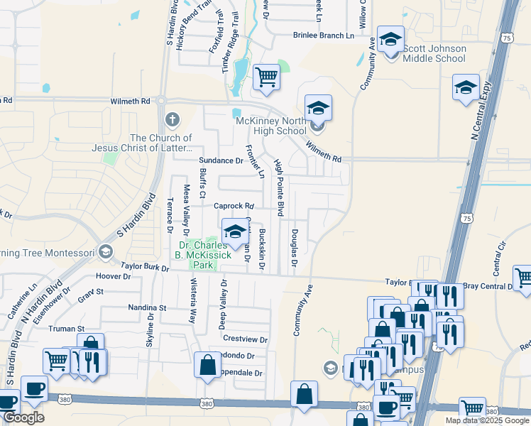 map of restaurants, bars, coffee shops, grocery stores, and more near 2513 Caprock Road in McKinney