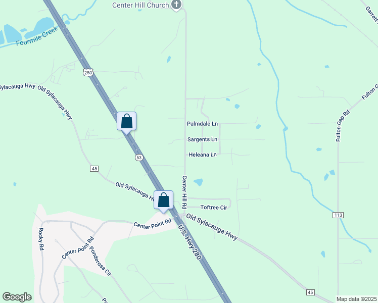 map of restaurants, bars, coffee shops, grocery stores, and more near 316 Center Hill Road in Sylacauga