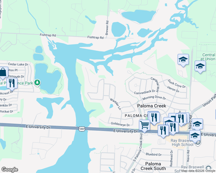 map of restaurants, bars, coffee shops, grocery stores, and more near 1061 Warbler Lane in Aubrey