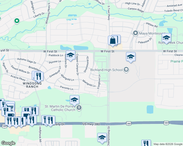 map of restaurants, bars, coffee shops, grocery stores, and more near 910 Mountain Laurel Drive in Prosper