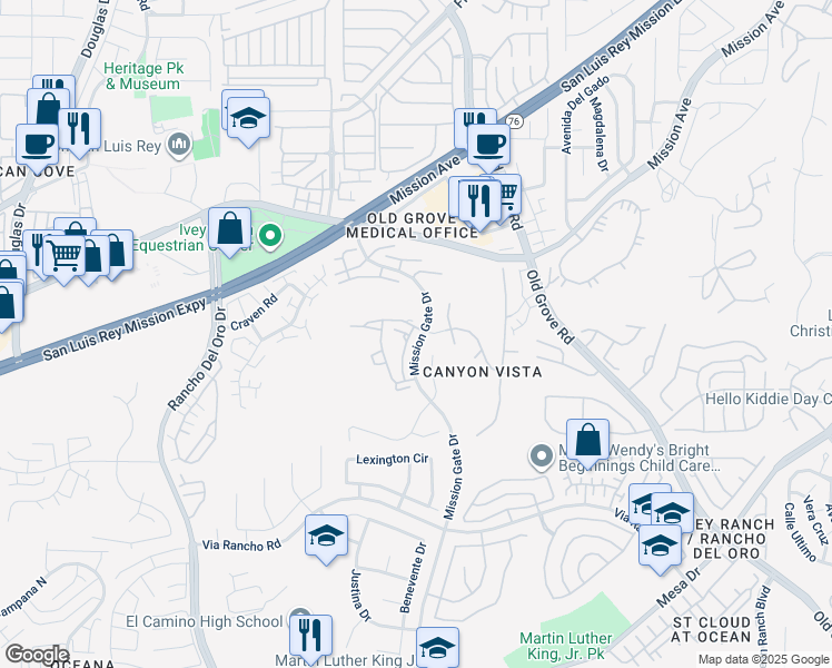 map of restaurants, bars, coffee shops, grocery stores, and more near 174 Mission Gate Drive in Oceanside