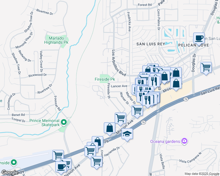 map of restaurants, bars, coffee shops, grocery stores, and more near 101 Lancer Avenue in Oceanside