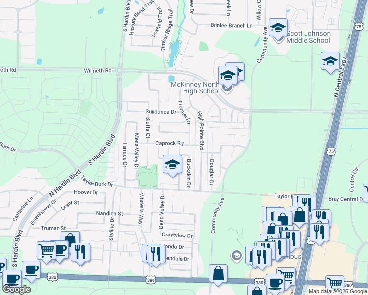 map of restaurants, bars, coffee shops, grocery stores, and more near 2607 Caprock Road in McKinney