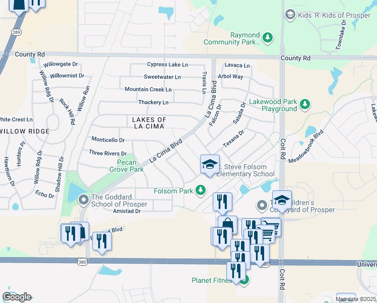 map of restaurants, bars, coffee shops, grocery stores, and more near 730 Calaveras Ct in Prosper