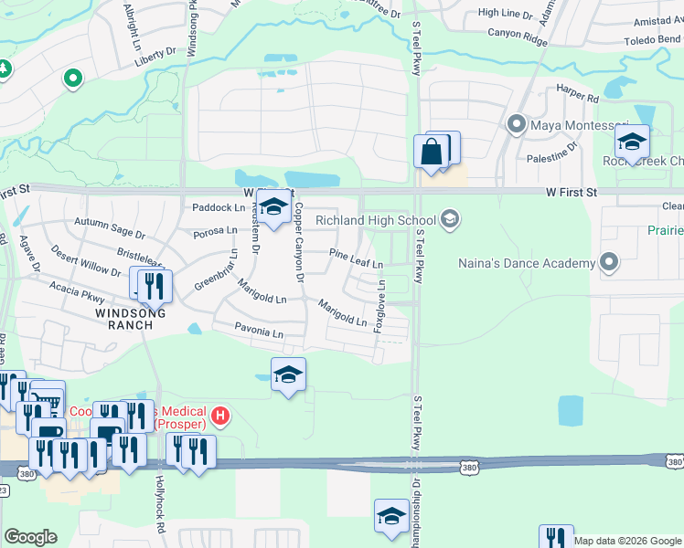 map of restaurants, bars, coffee shops, grocery stores, and more near 910 Mountain Laurel Drive in Prosper